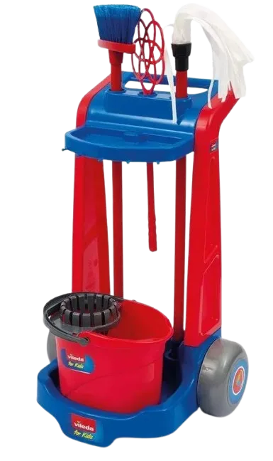 Trolley pulizia , l'originale versione giocattolo con scopa, battipanni, mocio e secchio